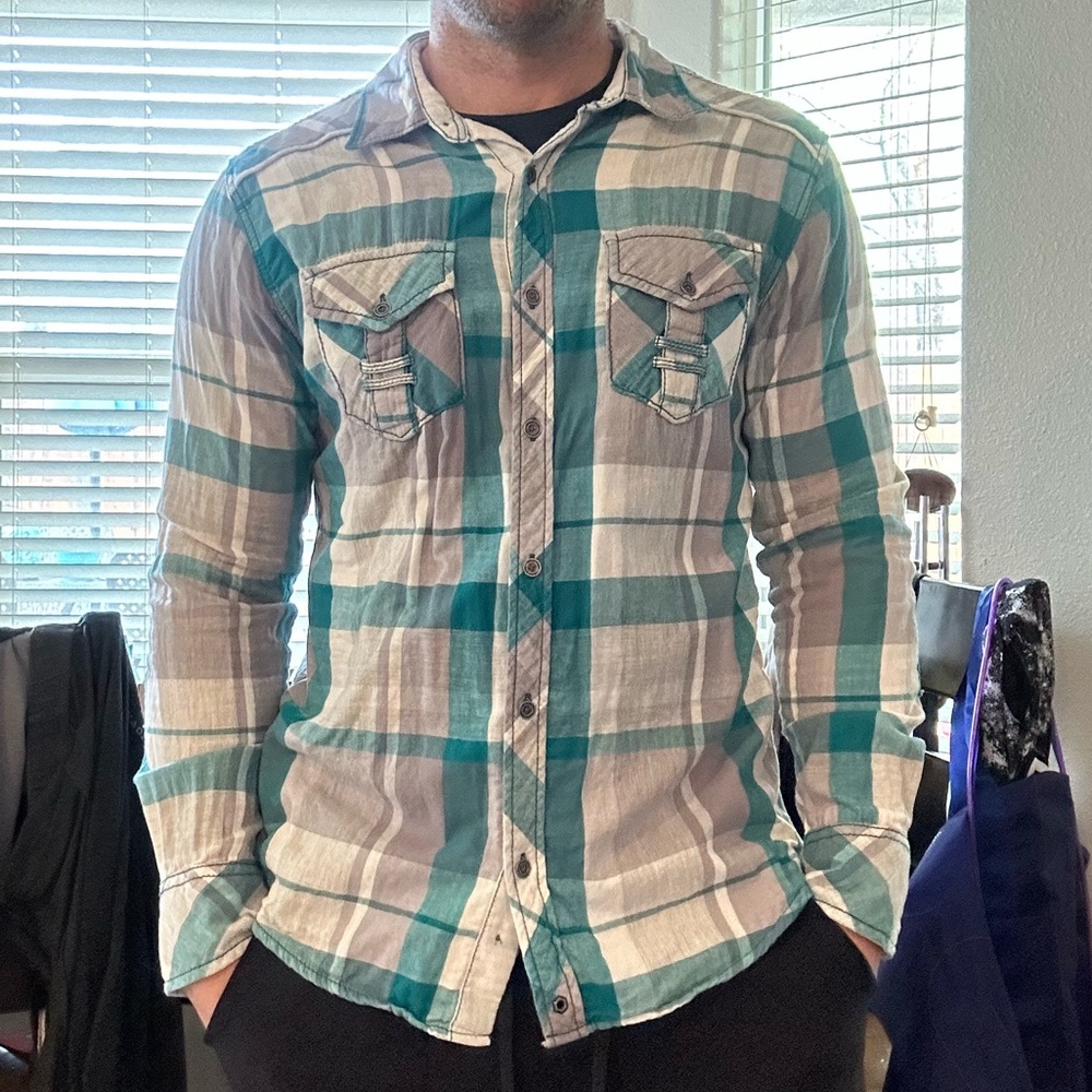 Large Buckle Black Label Button Up Plaid Flannel Long Sleeve